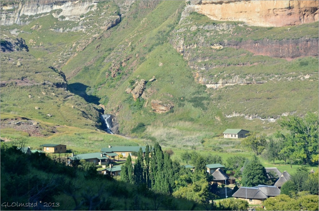 View of waterfall behind Reception from Echo Ravine trail Golden Gate Highlands National Park South Africa