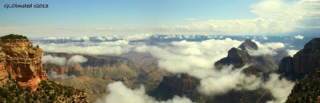 Monsoon clouds in canyon from Walhalla overlook North Rim Grand Canyon National Park Arizona
