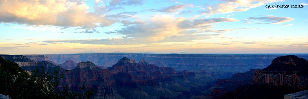 Sunset reflected off clouds above temples from Grand Lodge North Rim Grand Canyon National Park Arizona