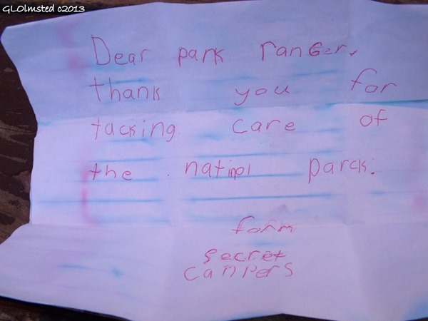 Dear park RanGer note from Secret campers at campground amphitheater North Rim Grand Canyon National Park Arizona