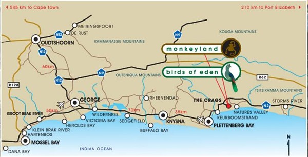 Monkeyland on map southern coast Eastern Cape South Africa