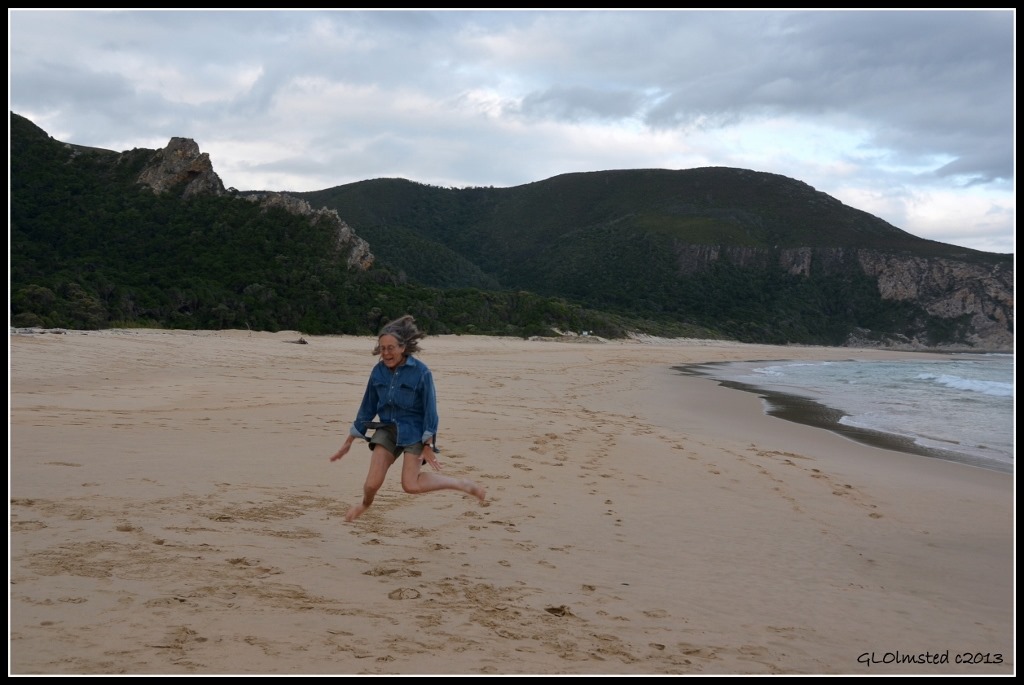 Gaelyn trying to jump on beach at Tsitsikamma National Park Nature's Valley South Africa