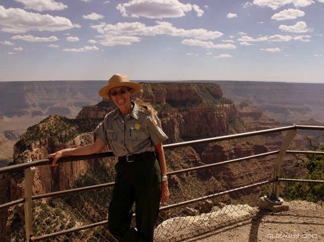 Ranger Gaelyn at Cape Royal overlook North Rim Grand Canyon National Park Arizona