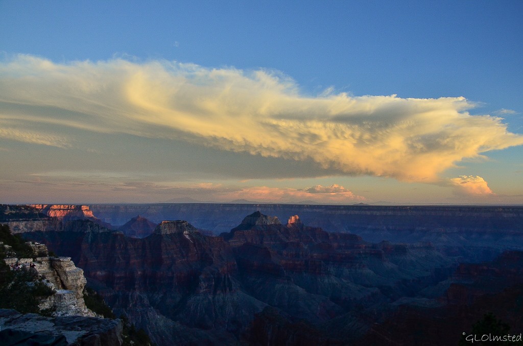 Last light on temples and clouds from Lodge North Rim Grand Canyon National Park Arizona