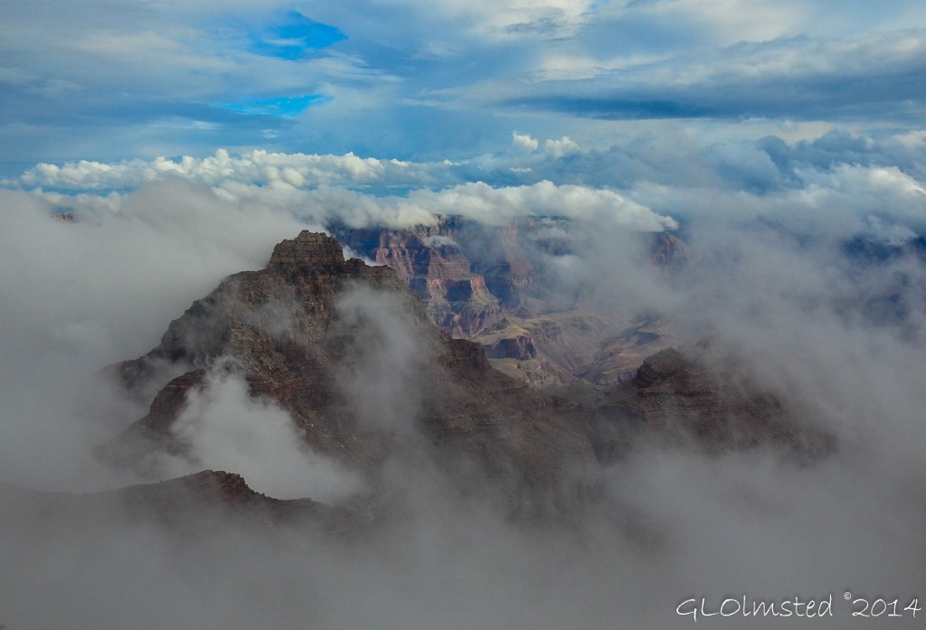 Vishnu Temple in fog from Cape Royal North Rim Grand Canyon National Park Arizona