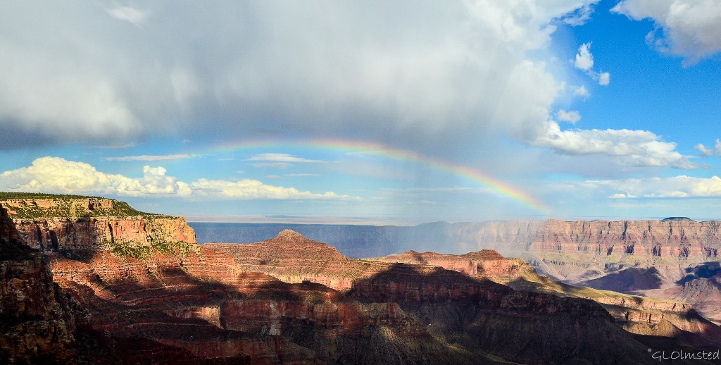 Rainbow spans canyon from Walhalla Plateau North Rim Grand Canyon National Park Arizona