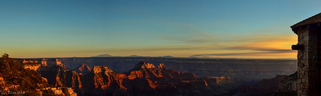 Sunset & last light on temples from Lodge North Rim Grand Canyon National Park Arizona