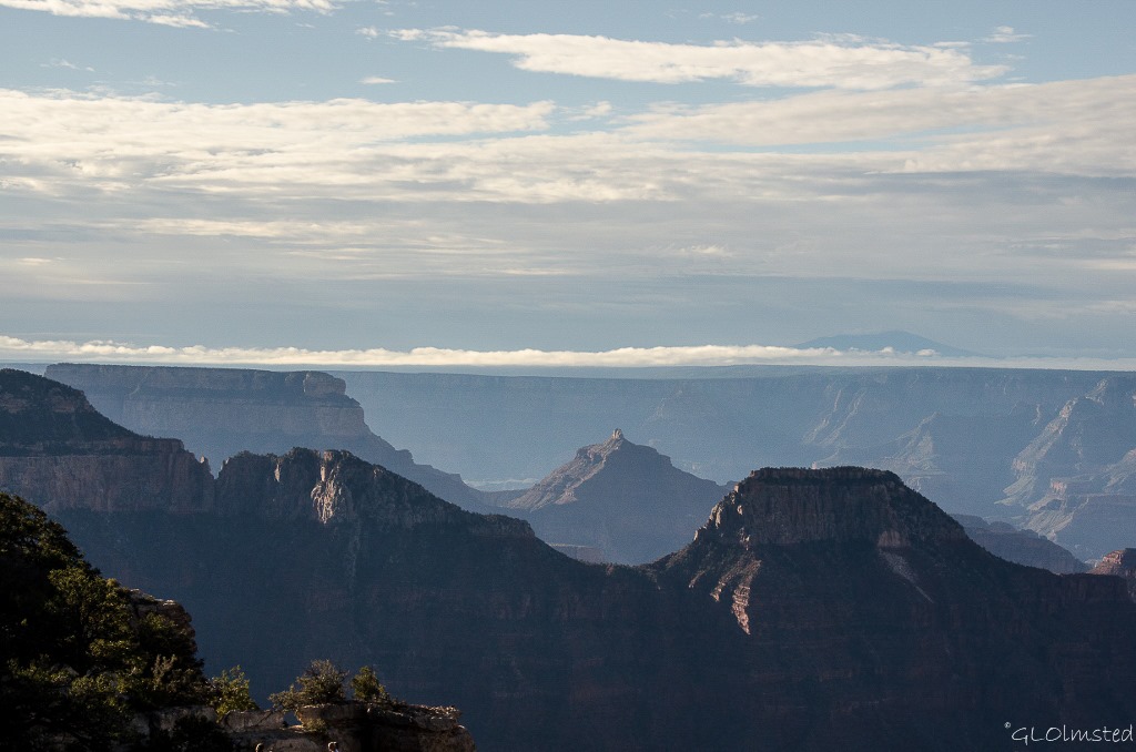Morning light on temples from Lodge North Rim Grand Canyon National Park Arizona