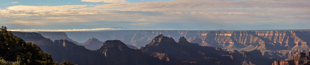Morning light on temples from Lodge North Rim Grand Canyon National Park Arizona