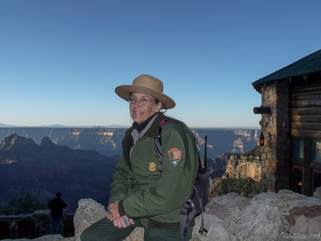 Ranger Gaelyn & morning light over canyon from Lodge North Rim Grand Canyon National Park Arizona