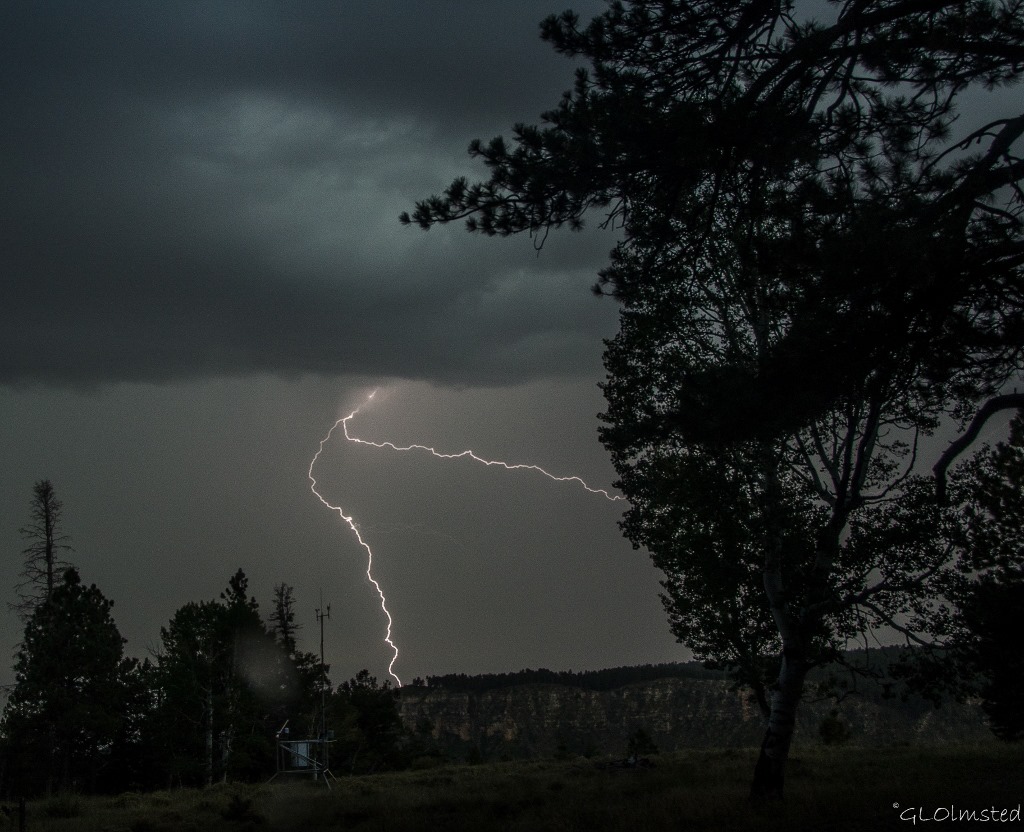 Lightning over Widforss Plateau thru RV window North Rim Grand Canyon National Park Arizona