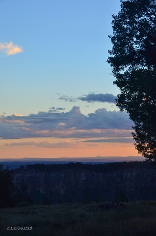 Sunset over Widforss Plateau thru RV window North Rim Grand Canyon National Park Arizona