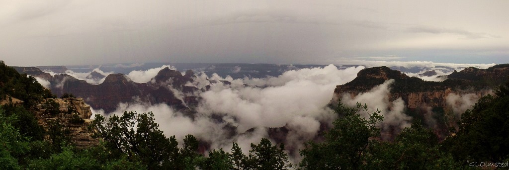 Clouds in canyon & temples & Widforss Plateau from from Bright Angel Point North Rim Grand Canyon National Park Arizona