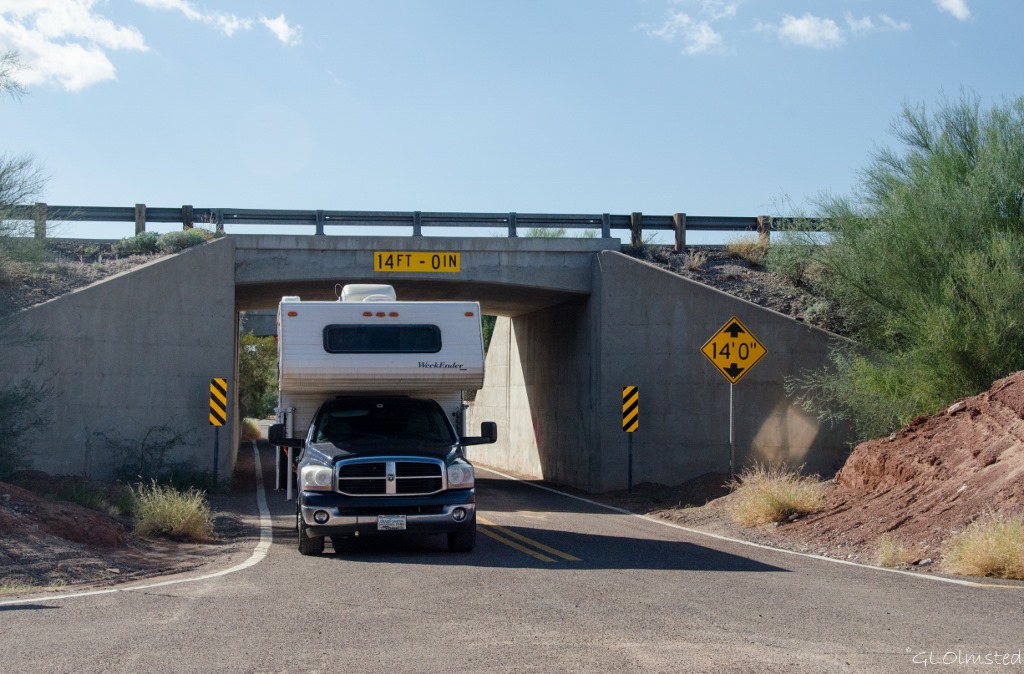 Truck & camper Freeman Road underpass BLM Sonaran Desert National Monument Arizona