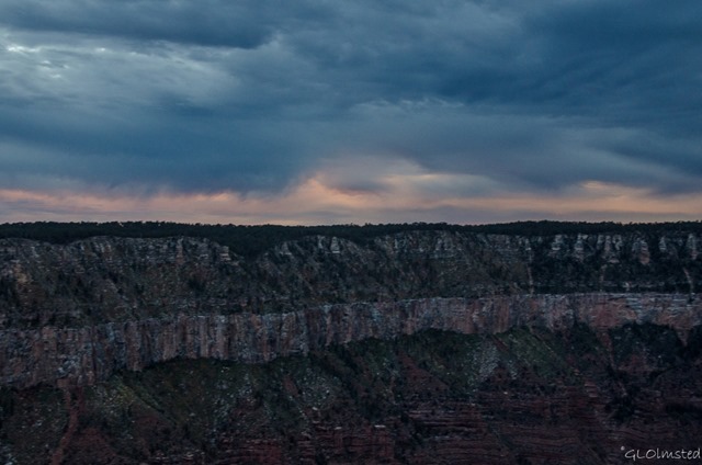 Low clouds at sunset over Widforss Plateau from Lodge North Rim Grand Canyon National Park Arizona