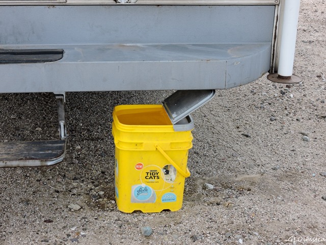 Bucket catching water leak from camper The Slabs Niland California