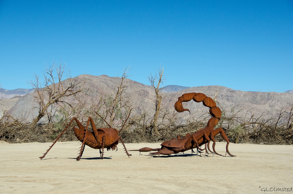 Grasshopper & scorpion metal sculpture by Ricardo Breceda Galleta Meadows Borrego Springs California
