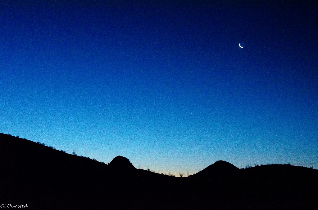 Crescent moon above mts Dome Rock Quartzsite Arizona