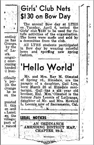 Gail Lyn Olmsted March 26 1954 birth announcement Illinois