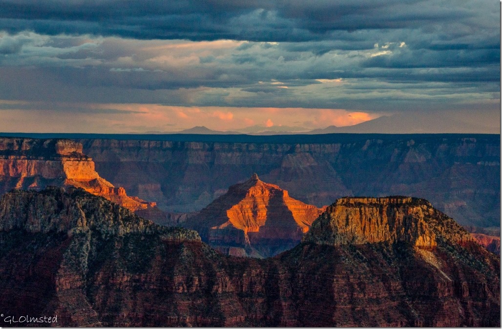 Sunset light on Angels Gate & over South Rim from Lodge North Rim Grand Canyon National Park Arizona