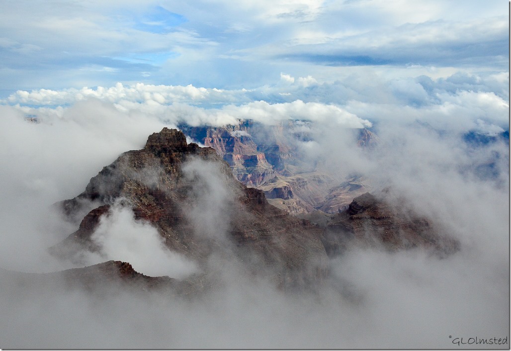 Fog shrouded Vishnu Temple Cape Royal North Rim Grand Canyon National Park Arizona