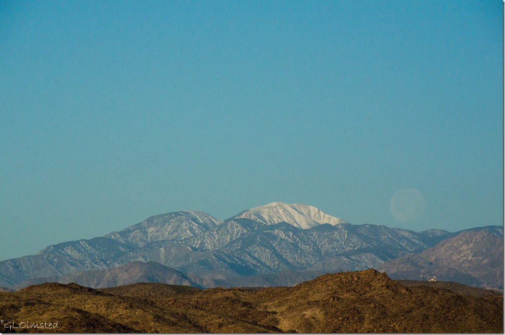 Morning view of San Jacinto Peak with setting moon BLM Joshua Tree California