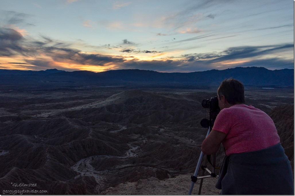 Lynda at Sunset over Badlands & San Ysidro Mts from Fonts Pt Anza-Borrego Desert State Park California