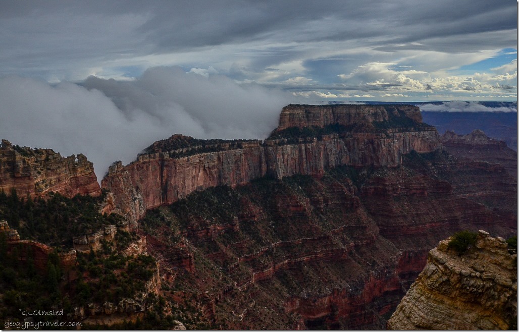 Fog backed Wotans Throne from Wedding Site North Rim Grand Canyon National Park Arizona