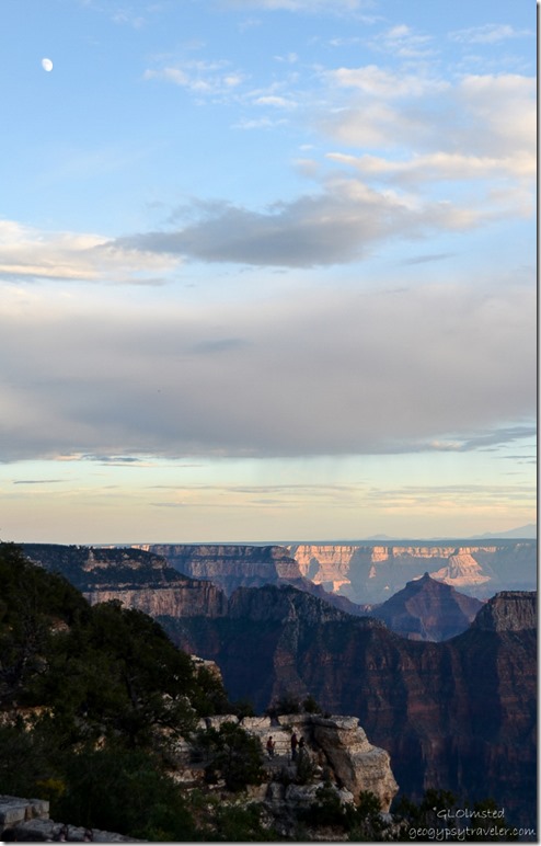 Last light on canyon walls & moon from Lodge North Rim Grand Canyon National Park Arizona
