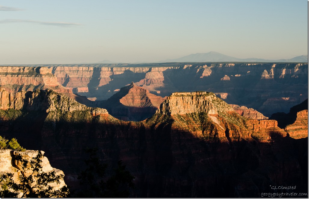 Last light on temples from Lodge North Rim Grand Canyon National Park Arizona