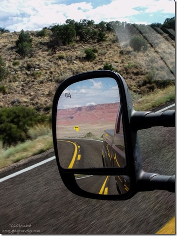 Side mirror view of Vermilion Cliffs from SR89A west Kaibab National Forest Arizona