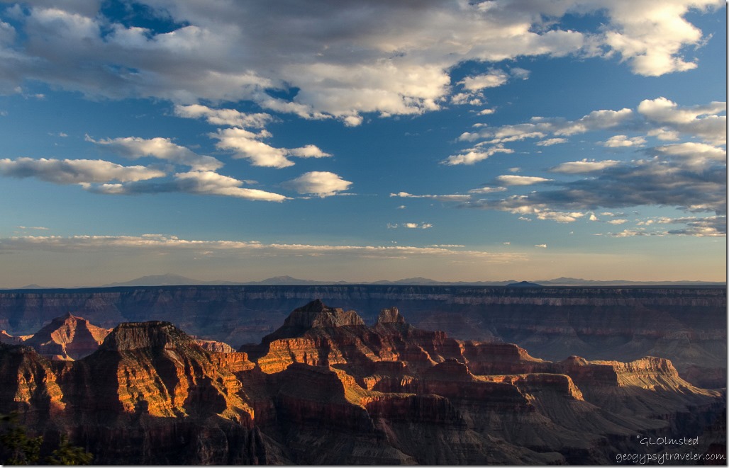 Last light on temples from Lodge North Rim Grand Canyon National Park Arizona