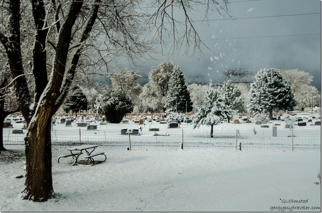 Snowy morning from RV Crazy Horse RV park Kanab Utah