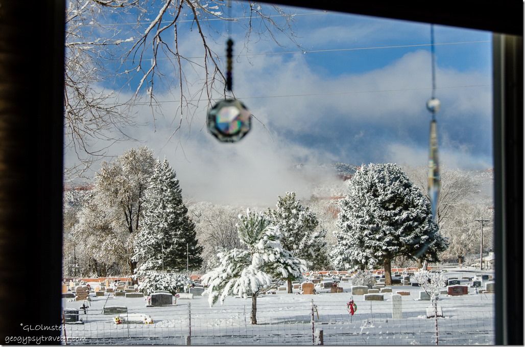 Snowy view with crystals from RV Crazy Horse RV park Kanab Utah