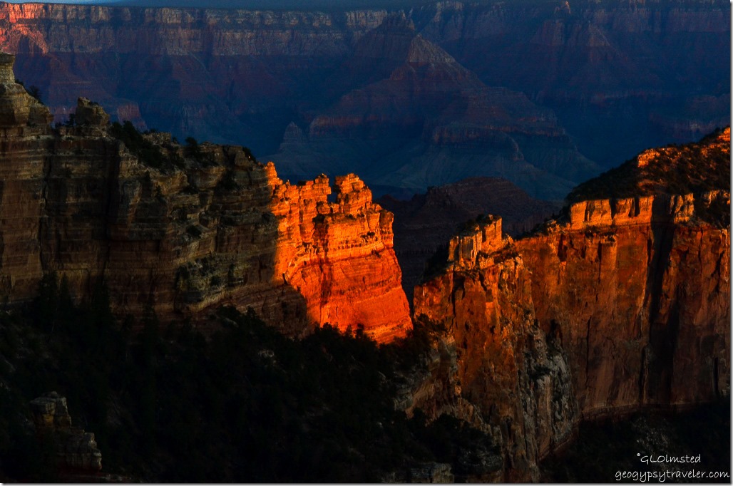 Last light on Wotans Throne from Wedding site Cape Royal North Rim Grand Canyon National Park Arizina