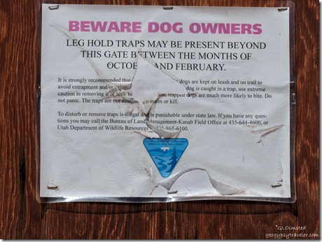 Leg trap warning sign Bunting Trail Kanab Utah