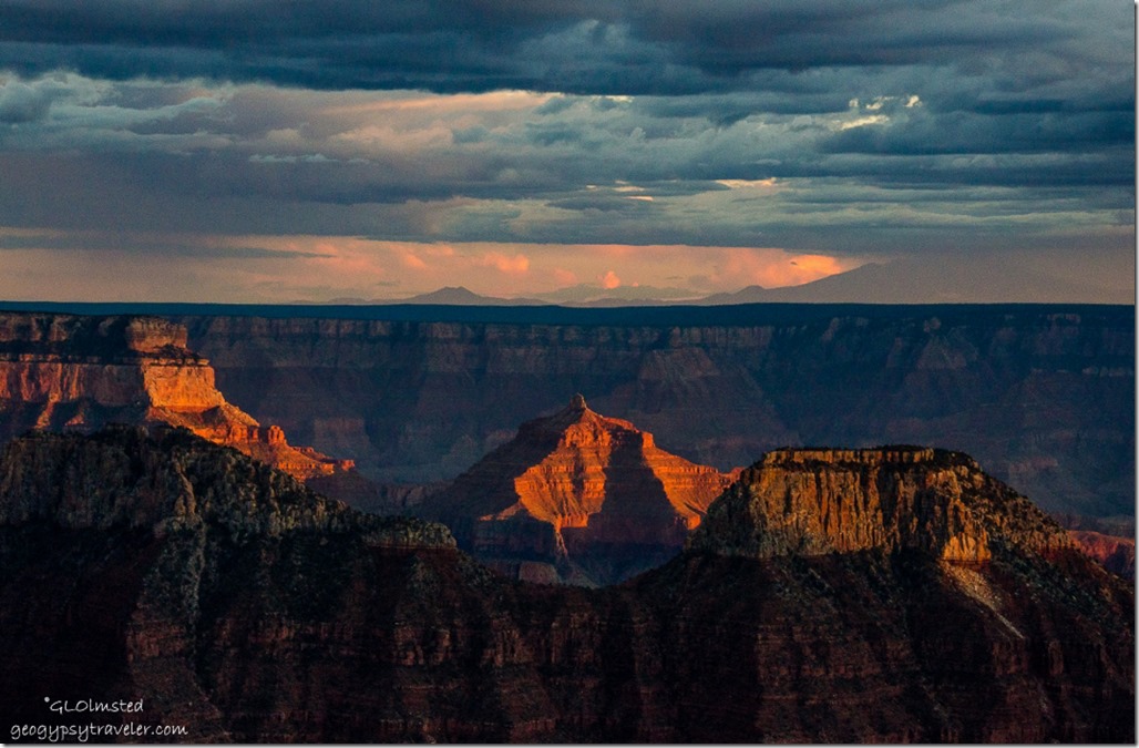 Sunset light on Angels Gate & over South Rim from Lodge North Rim Grand Canyon National Park Arizona