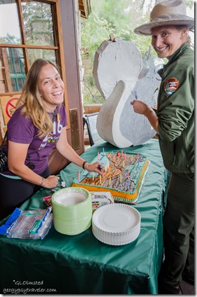 Ranger Rachel & Mandi National Park Service 100 birthday cake Visitor Center porch North Rim Grand Canyon National Park Arizona