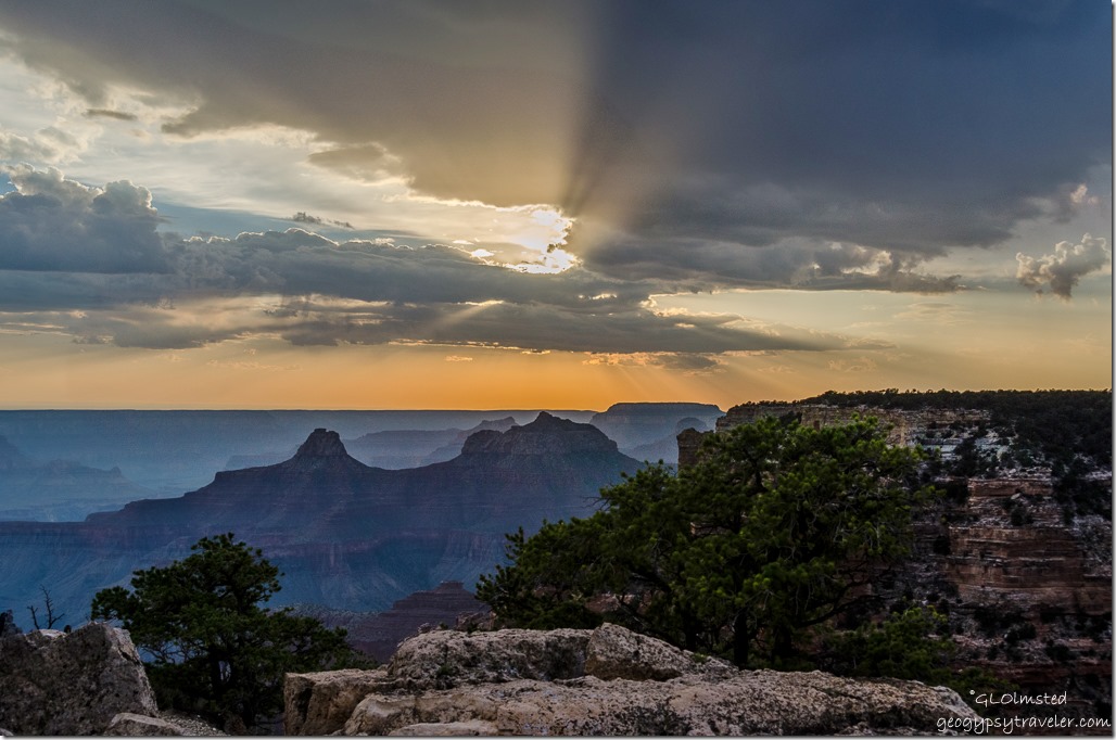 Crepscular rays sunset Cape Royal North Rim Grand Canyon National Park Arizona