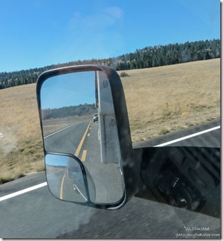 Bill's truck in side mirror SR67 North Kaibab National Forest Arizona