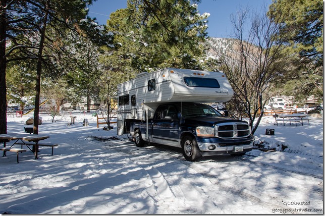Truck camper snow KOA Flagstaff Arizona