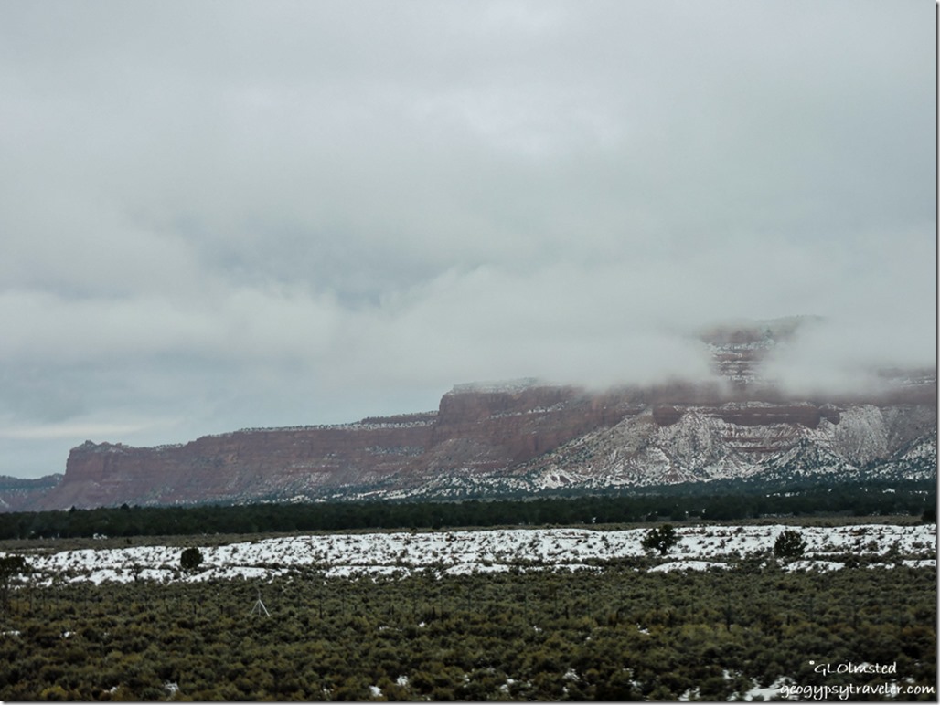 Low clouds snow Vermilion Cliffs SR89 Utah