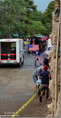 Uncle Sam spraying Forever Resort truck & train 4th of July parade North Rim Grand Canyon National Park Arizona