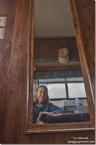 Gaelyn in mirror in camper Anza-Borrego Desert State Park California
