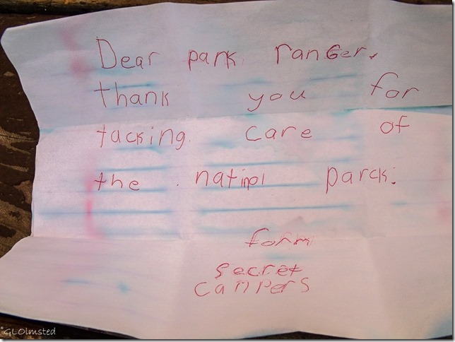 Dear park ranGer note from secret campers at campground amphitheater North Rim Grand Canyon National Park Arizona