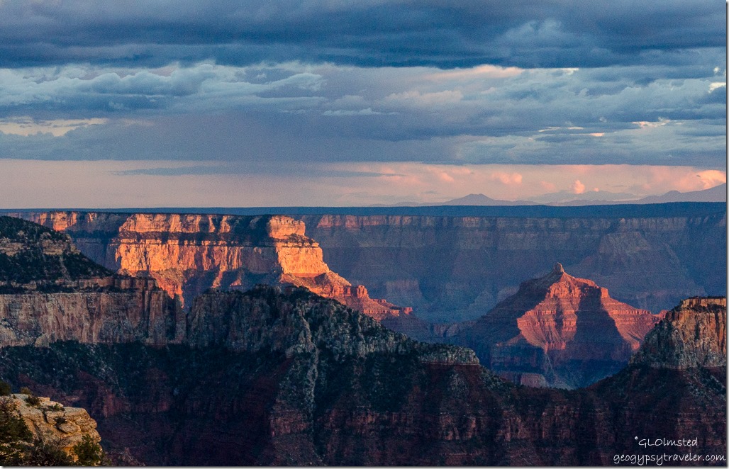 Sunset light on Wotans Throne, Angels Gate & over South Rim from Lodge North Rim Grand Canyon National Park Arizona
