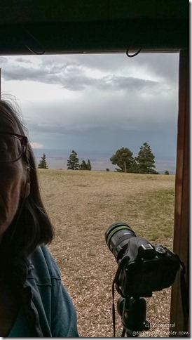 Gaelyn camera in camper stomy Marble View Kaibab National Forest Arizona