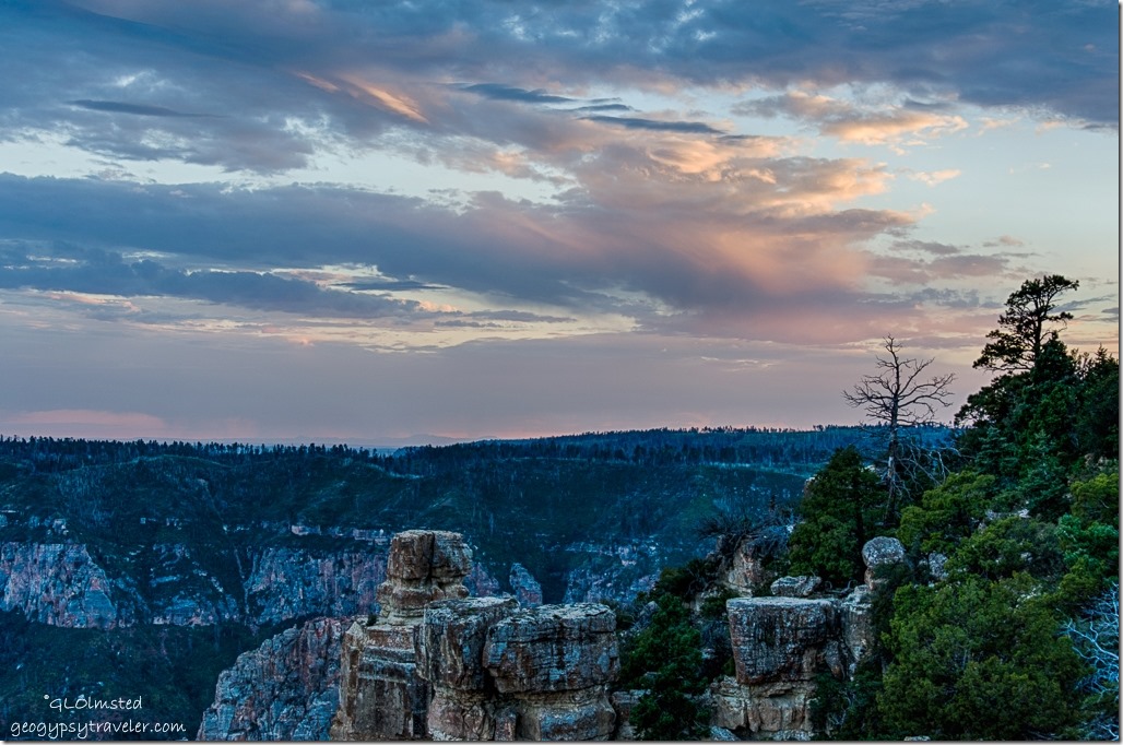 trees boulders Walhalla Plateau sunset from Point Imperial North Rim Grand Canyon National Park Arizona