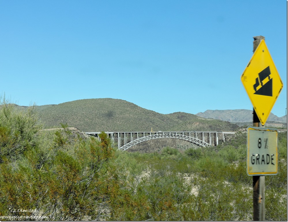 8% grade sign high bridge US93 road to Burro Creek campground Arizona