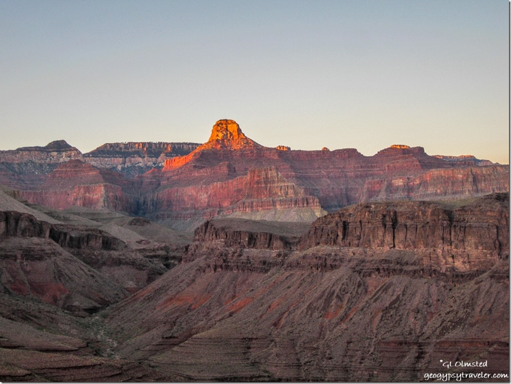 Sunset glow on Cheops Pyramid from Plateau Point Grand Canyon National Park Arizona